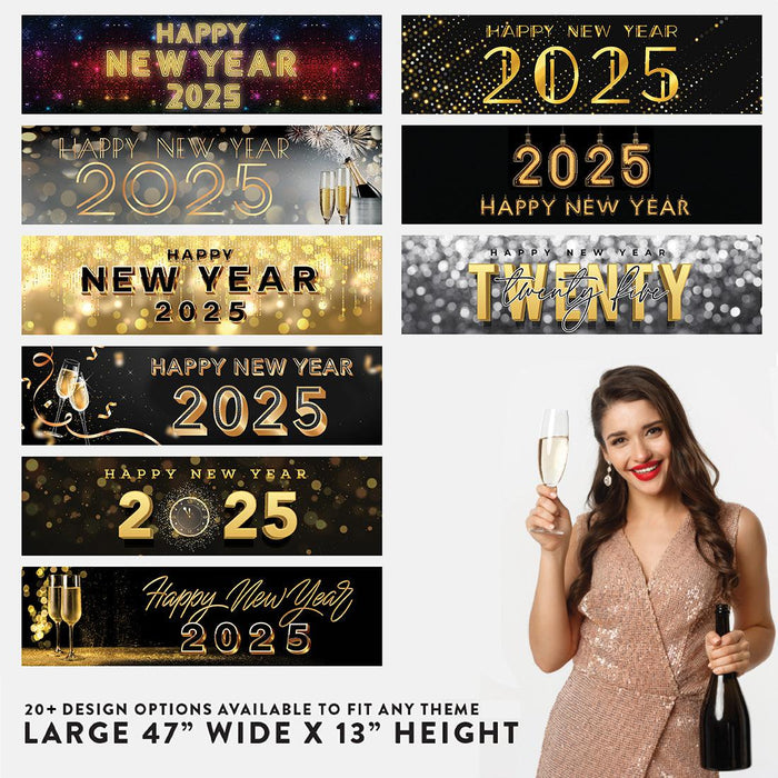 Happy New Year Banner Backdrop 2025 for Decor, 47" x 13", Set of 1-Set of 1-Andaz Press-Black & Gold Confetti Glitter-