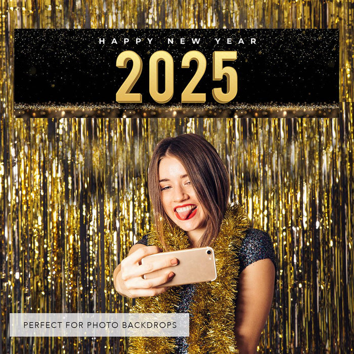 Happy New Year Banner Backdrop 2025 for Decor, 47" x 13", Set of 1-Set of 1-Andaz Press-Black & Gold Confetti Glitter-