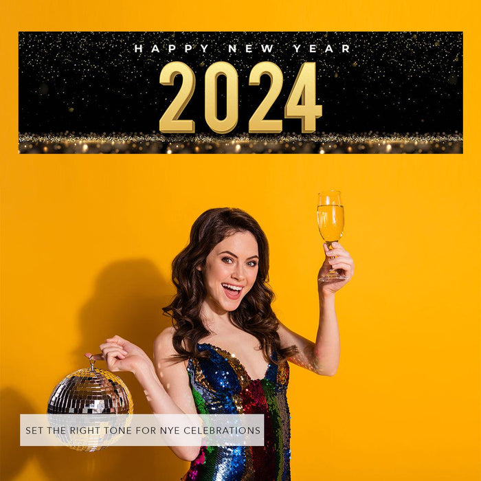 Happy New Year Banner Backdrop 2025 for Decor, 47" x 13", Set of 1-Set of 1-Andaz Press-Black & Gold Confetti Glitter-