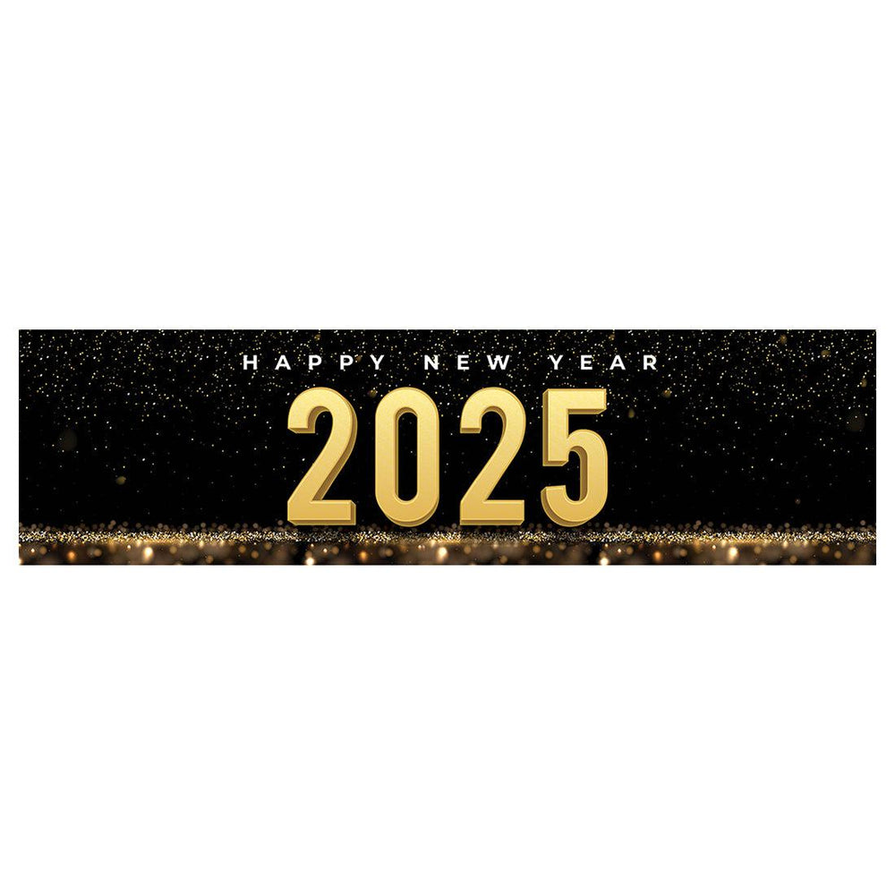 Happy New Year Banner Backdrop 2025 for Decor, 47" x 13", Set of 1-Set of 1-Andaz Press-Black & Gold Confetti Glitter-