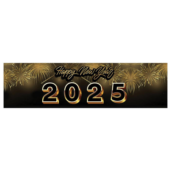 Happy New Year Banner Backdrop 2025 for Decor, 47" x 13", Set of 1-Set of 1-Andaz Press-Black & Gold Fireworks-