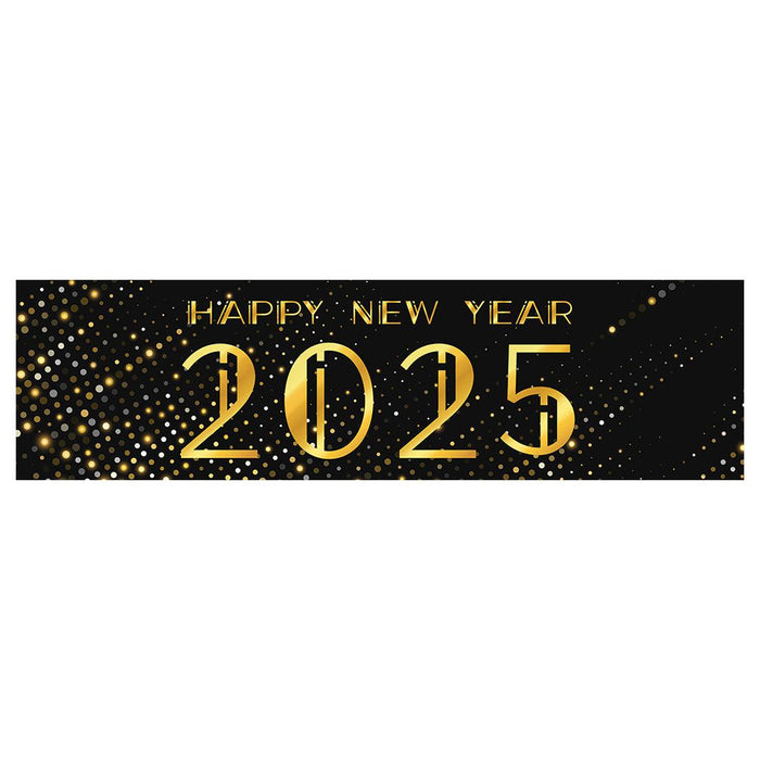 Happy New Year Banner Backdrop 2025 for Decor, 47" x 13", Set of 1-Set of 1-Andaz Press-Black Gold Silver Confetti-