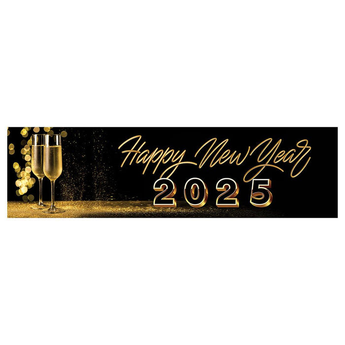 Happy New Year Banner Backdrop 2025 for Decor, 47" x 13", Set of 1-Set of 1-Andaz Press-Champagne Flutes-