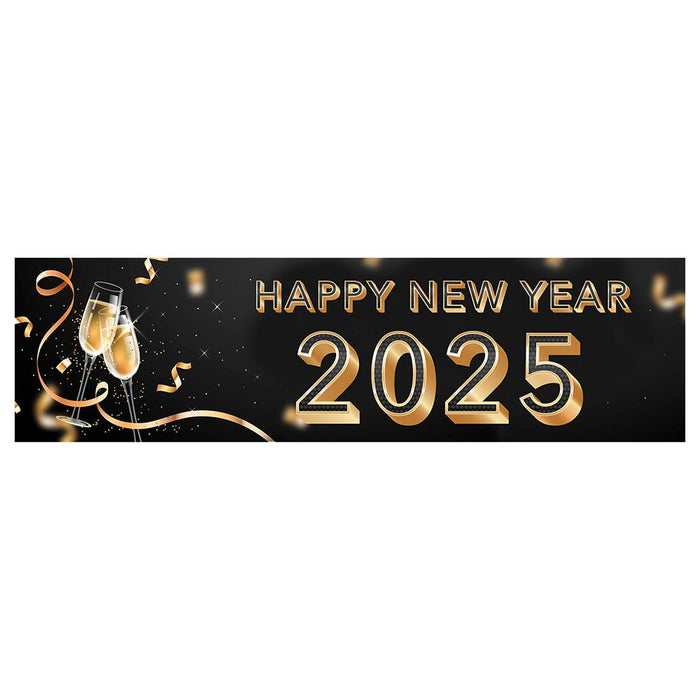 Happy New Year Banner Backdrop 2025 for Decor, 47" x 13", Set of 1-Set of 1-Andaz Press-Champagne Glasses Design-