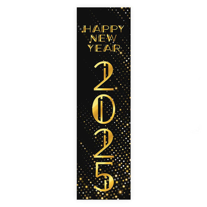 Happy New Year Banner Backdrop 2025 for Decor, 47" x 13", Set of 1-Set of 1-Andaz Press-Vertical Black Gold Silver Confetti-