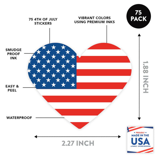 Heart Shaped 4th of July Stickers: Patriotic USA Designs for Kids & Party Favors, Set of 75-Set of 75-Andaz Press-Heart Shaped Flag-