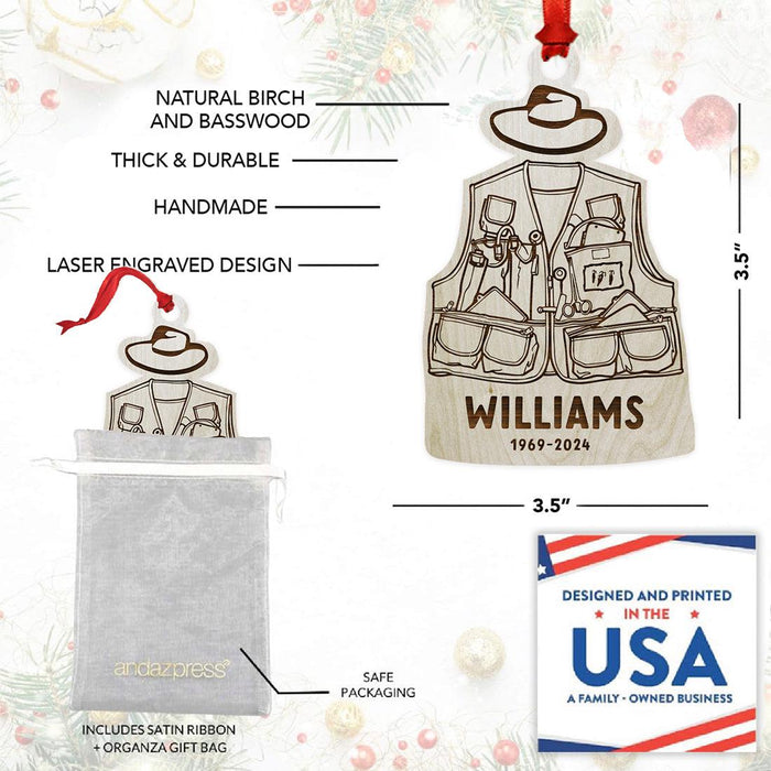 Laser Engraved Fishing Vest Custom Fly Fishing Ornament 20XX Christmas Decor-Set of 1-Andaz Press-