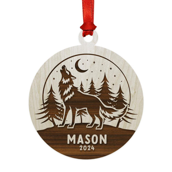 Laser Engraved Wooden Custom Wolf Christmas Ornament 20XX for Christmas Tree Decor-Set of 1-Andaz Press-Laser Engraved Wolf with Stars and Moon-