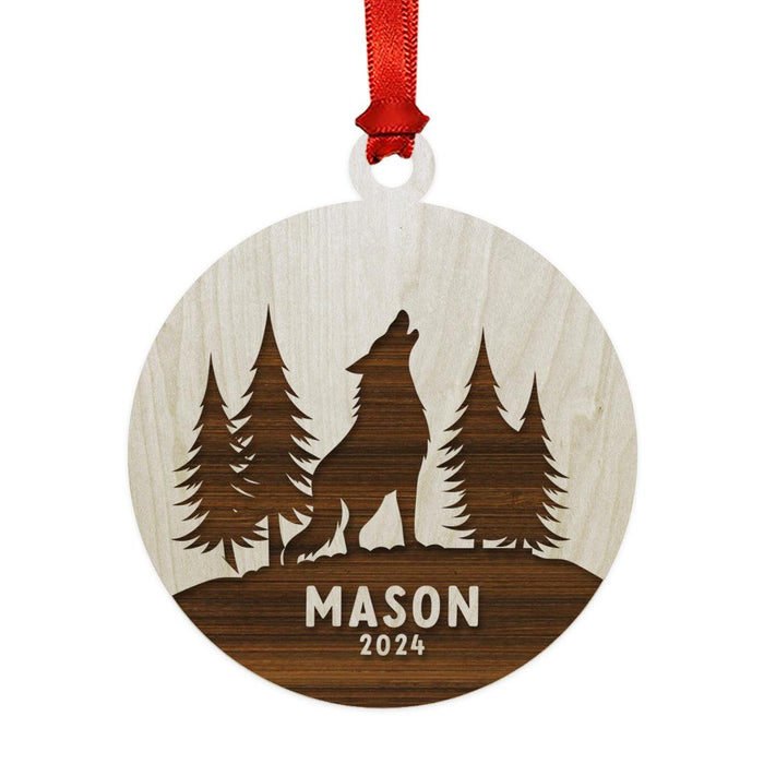 Laser Engraved Wooden Custom Wolf Christmas Ornament 20XX for Christmas Tree Decor-Set of 1-Andaz Press-Laser Engraved Wolf with Trees-