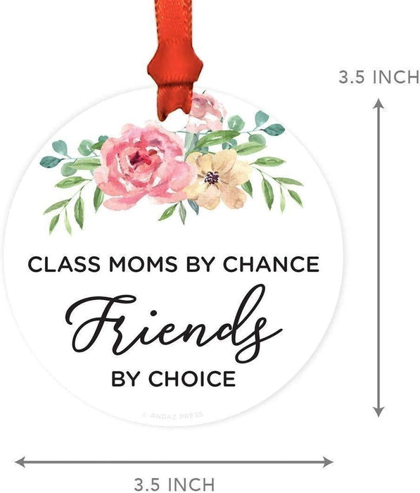 Metal Christmas Ornament PTA Mom Preschool Elementary School, Class Moms By Chance, Friends by Choice, Floral Graphic-Set of 1-Andaz Press-PTA Mom Preschool Elementary School Class Moms By Chance Friends by Choice Floral Graphic-