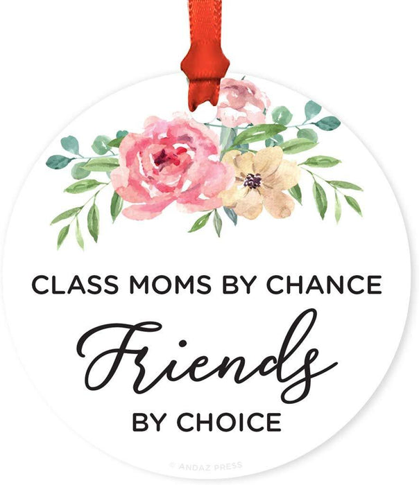 Metal Christmas Ornament PTA Mom Preschool Elementary School, Class Moms By Chance, Friends by Choice, Floral Graphic-Set of 1-Andaz Press-PTA Mom Preschool Elementary School Class Moms By Chance Friends by Choice Floral Graphic-