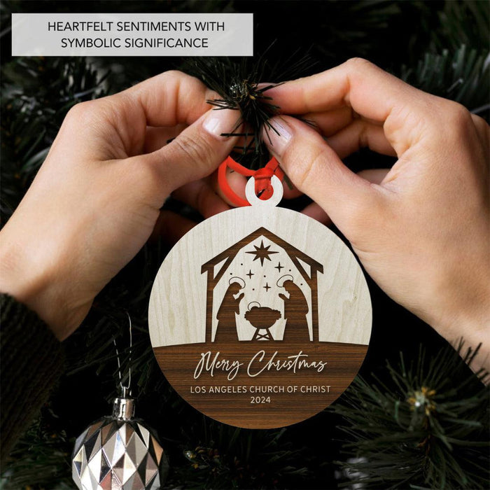 Nativity Ornament Laser Engraved Wood Custom Church Name Christmas Decor-Set of 1-Andaz Press-