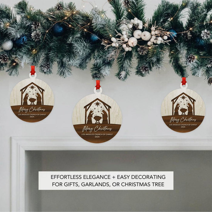 Nativity Ornament Laser Engraved Wood Custom Church Name Christmas Decor-Set of 1-Andaz Press-