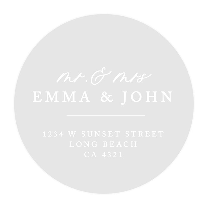 Round Clear Custom Wedding Return Address Labels with White Ink, Set of 40-Set of 40-Andaz Press-Mr. & Mrs.-