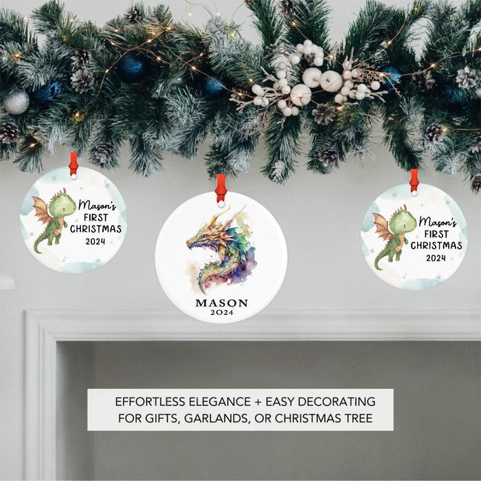 Set of 1 Custom Ceramic Christmas Dragon Ornament 20XX for Tree Unique Holiday Gift-Set of 1-Andaz Press-Watercolor Dragon-