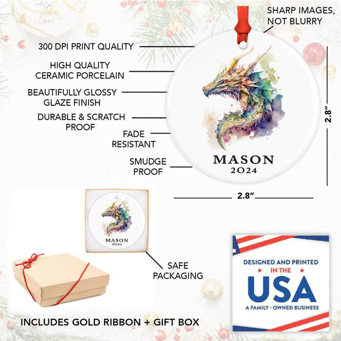 Set of 1 Custom Ceramic Christmas Dragon Ornament 20XX for Tree Unique Holiday Gift-Set of 1-Andaz Press-Watercolor Dragon-