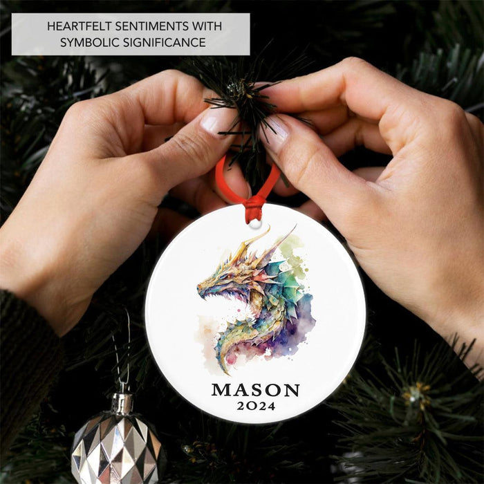 Set of 1 Custom Ceramic Christmas Dragon Ornament 20XX for Tree Unique Holiday Gift-Set of 1-Andaz Press-Watercolor Dragon-