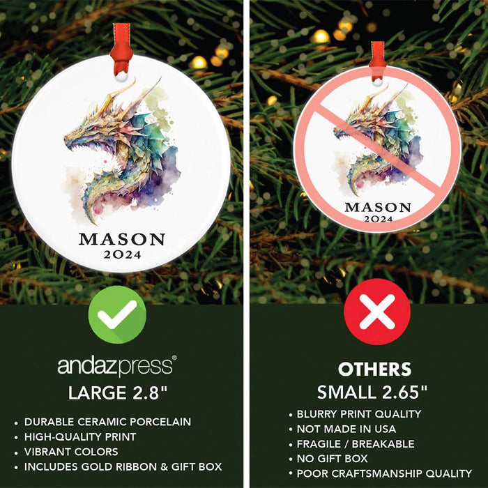 Set of 1 Custom Ceramic Christmas Dragon Ornament 20XX for Tree Unique Holiday Gift-Set of 1-Andaz Press-Watercolor Dragon-