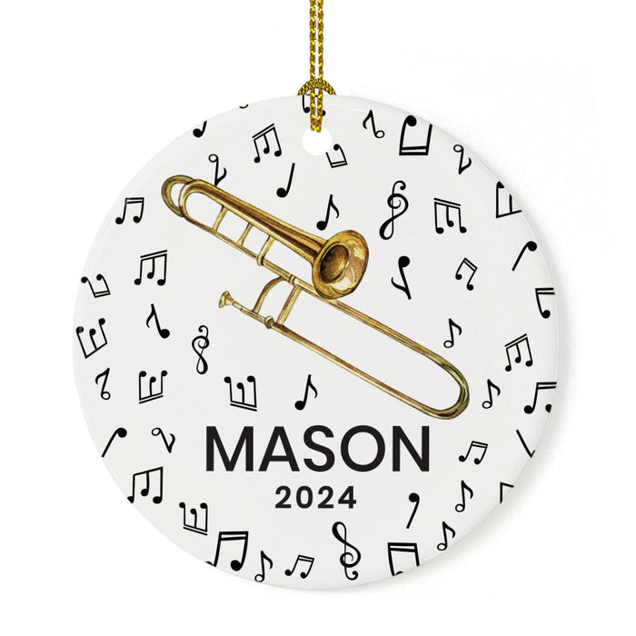 Set of 1 Custom Ceramic Trombone Ornament for Christmas Tree, Gift for Musicians-Set of 1-Andaz Press-Trombone with Music Notes-