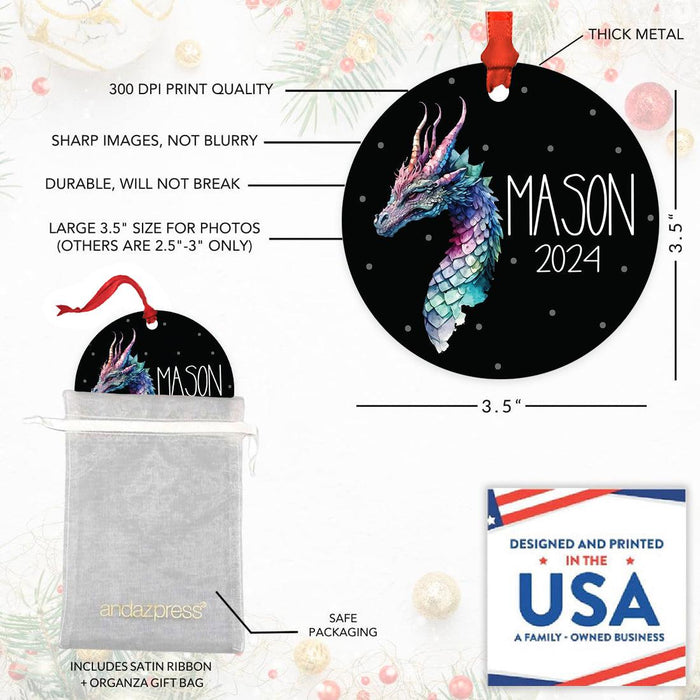 Set of 1 Custom Christmas Dragon Metal Ornament 20XX for Tree Unique Holiday Gift-Set of 1-Andaz Press-Colorful Dragon-