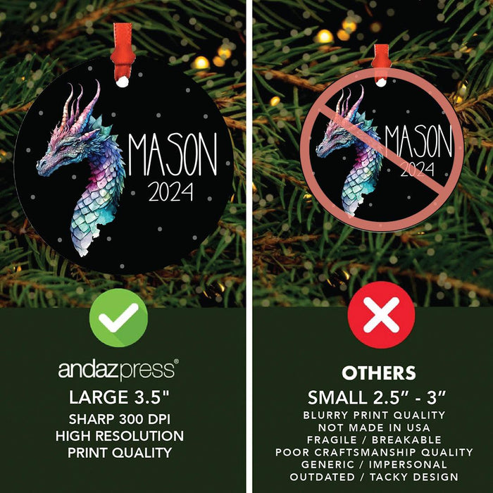 Set of 1 Custom Christmas Dragon Metal Ornament 20XX for Tree Unique Holiday Gift-Set of 1-Andaz Press-Colorful Dragon-