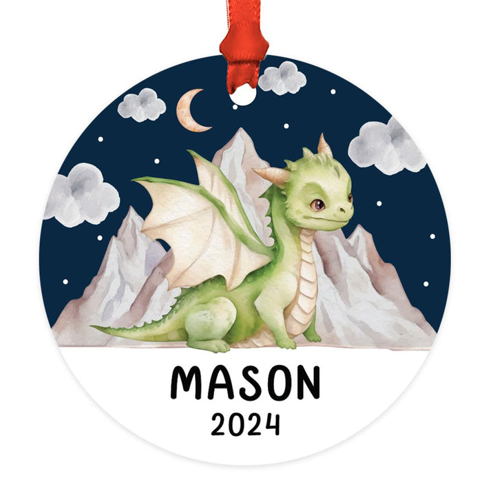 Set of 1 Custom Christmas Dragon Metal Ornament 20XX for Tree Unique Holiday Gift-Set of 1-Andaz Press-Clouds and Baby Dragon-