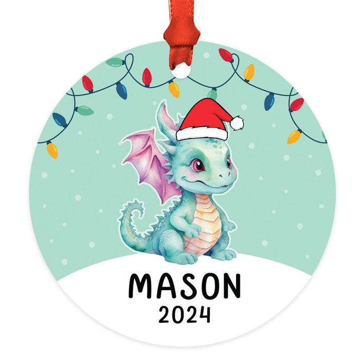 Set of 1 Custom Christmas Dragon Metal Ornament 20XX for Tree Unique Holiday Gift-Set of 1-Andaz Press-Cute Dragon with Christmas Lights-