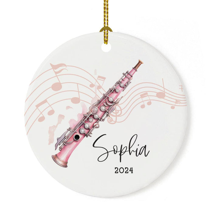 Set of 1 Custom Clarinet Ceramic Marching Band Ornament for Christmas Tree-Set of 1-Andaz Press-Pink Clarinet with Music Notes-