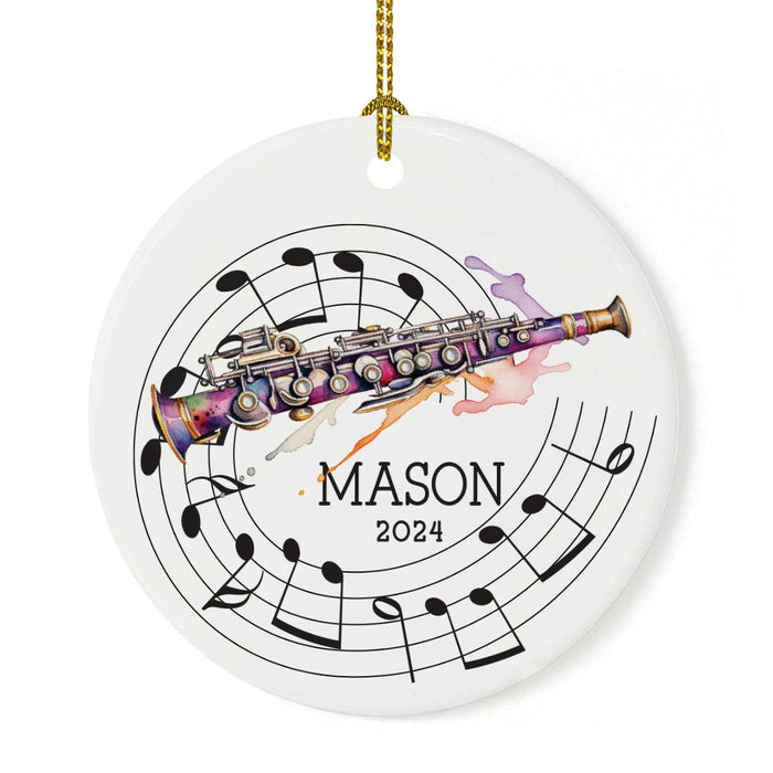 Set of 1 Custom Clarinet Ceramic Marching Band Ornament for Christmas Tree-Set of 1-Andaz Press-Rainbow Watercolor Clarinet with Music Notes-