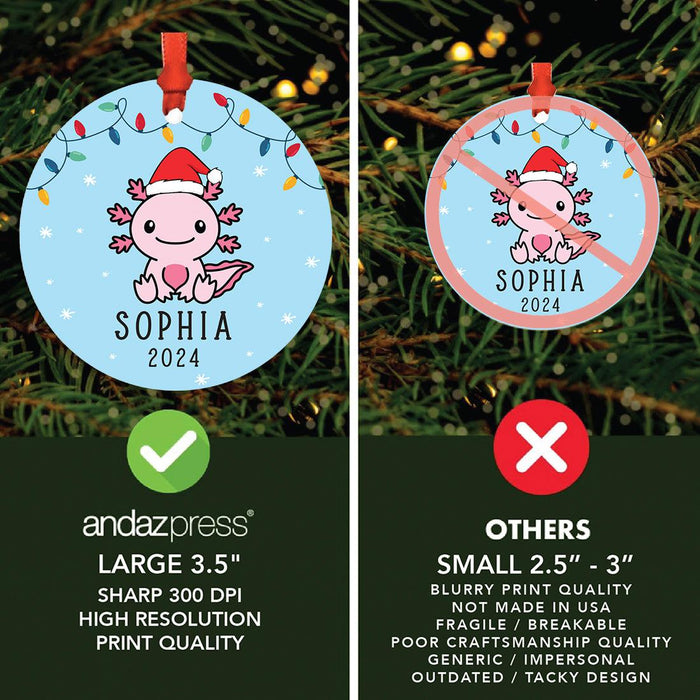 Set of 1 Custom Metal Axolotl Ornament for Kids – Cute Christmas Tree Decoration-Set of 1-Andaz Press-Axolotl with Santa Hat-