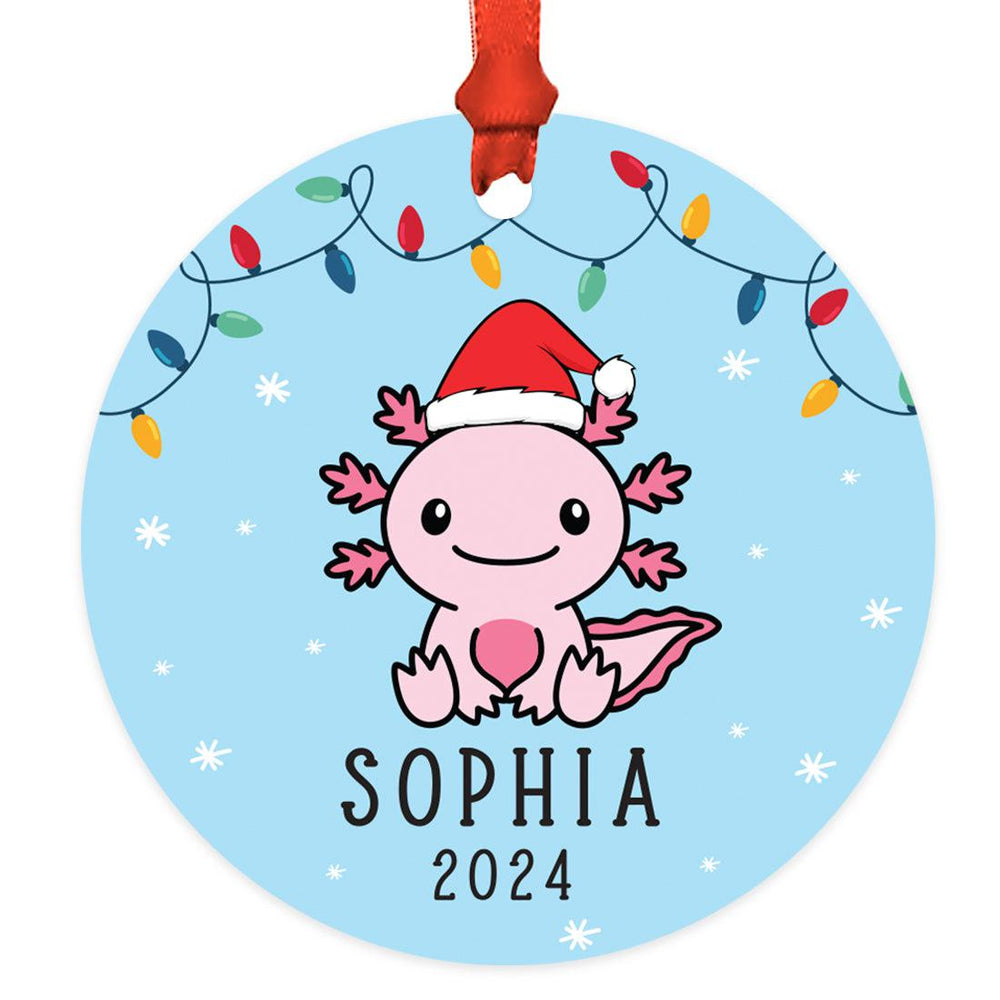 Set of 1 Custom Metal Axolotl Ornament for Kids – Cute Christmas Tree Decoration-Set of 1-Andaz Press-Axolotl with Santa Hat-