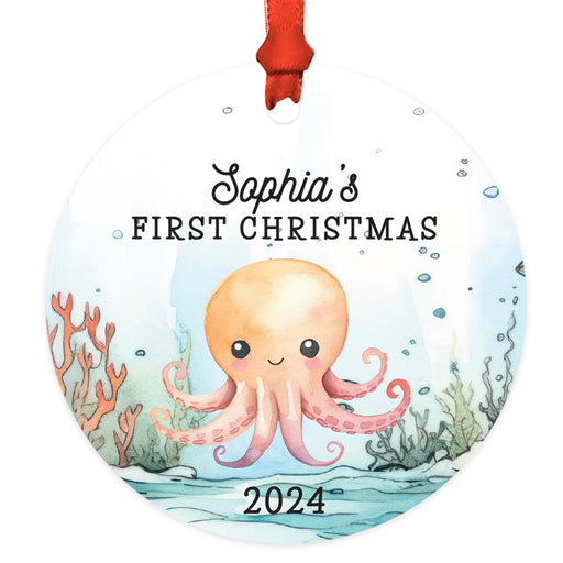 Set of 1 Custom Metal Octopus Ornament 20XX for Kids Christmas Tree Decor-Set of 1-Andaz Press-Cute Octopus First Christmas-