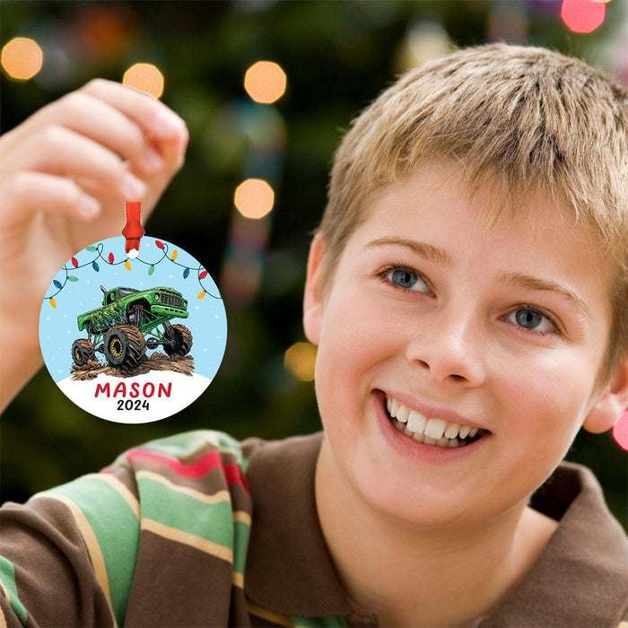 Set of 1 Custom Monster Truck Ornament 20XX Metal Christmas Tree Decoration for Kids-Set of 1-Andaz Press-Green Monster Truck-