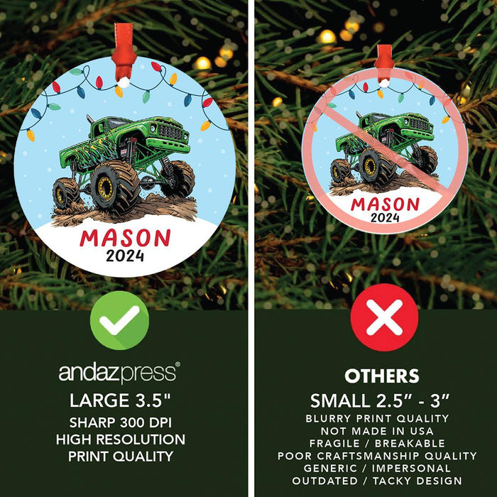 Set of 1 Custom Monster Truck Ornament 20XX Metal Christmas Tree Decoration for Kids-Set of 1-Andaz Press-Green Monster Truck-