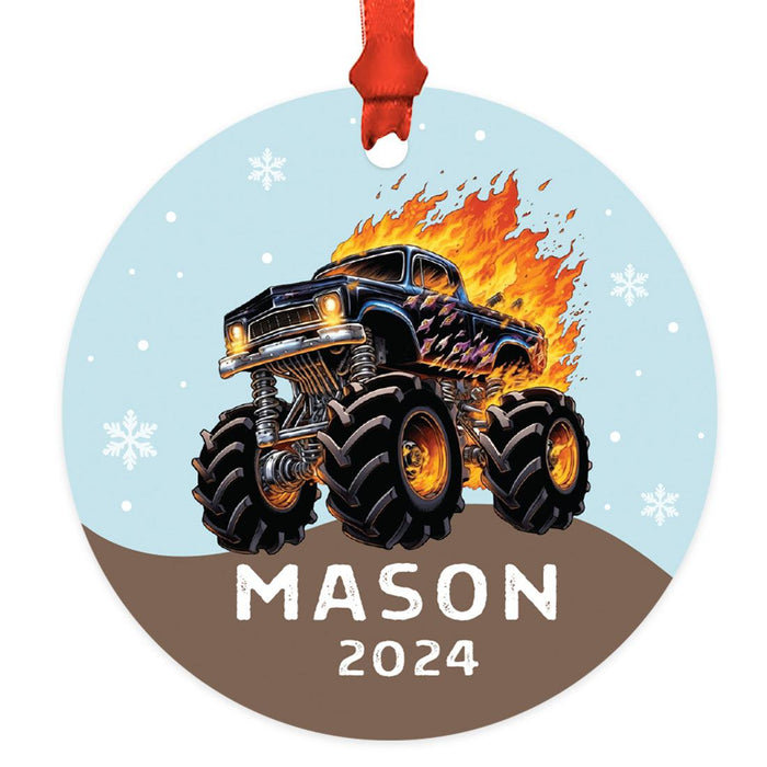 Set of 1 Custom Monster Truck Ornament 20XX Metal Christmas Tree Decoration for Kids-Set of 1-Andaz Press-Blazing Monster Truck-