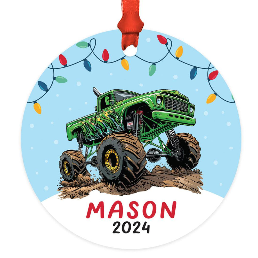 Set of 1 Custom Monster Truck Ornament 20XX Metal Christmas Tree Decoration for Kids-Set of 1-Andaz Press-Green Monster Truck-