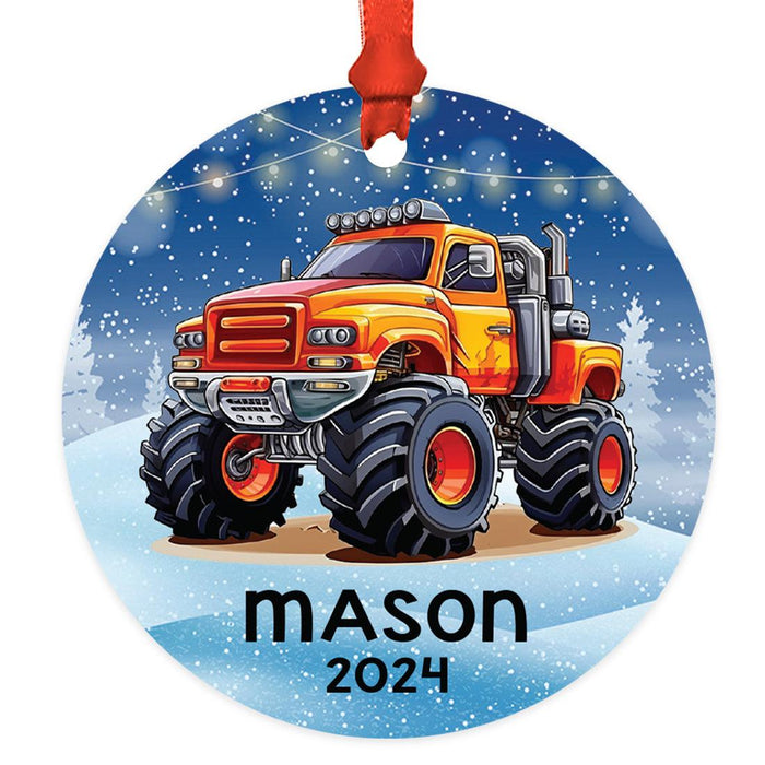 Set of 1 Custom Monster Truck Ornament 20XX Metal Christmas Tree Decoration for Kids-Set of 1-Andaz Press-Orange Monster Truck in the Snow-