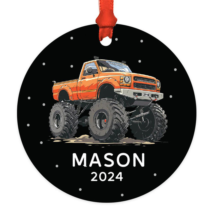 Set of 1 Custom Monster Truck Ornament 20XX Metal Christmas Tree Decoration for Kids-Set of 1-Andaz Press-Orange Monster Truck with Snowflakes-