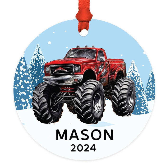 Set of 1 Custom Monster Truck Ornament 20XX Metal Christmas Tree Decoration for Kids-Set of 1-Andaz Press-Red Monster Truck in the Snow-