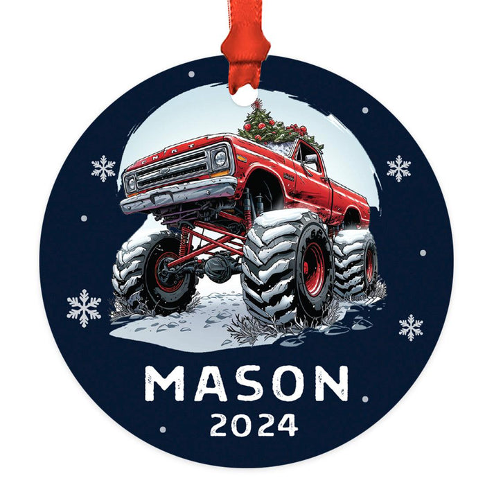 Set of 1 Custom Monster Truck Ornament 20XX Metal Christmas Tree Decoration for Kids-Set of 1-Andaz Press-Red Monster Truck with Snowflakes-