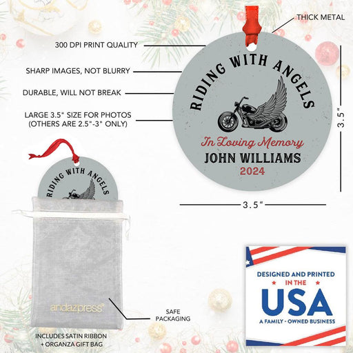 Set of 1 Custom Motorcycle Metal Ornament with Angel Wings Memorial for Christmas Tree-Set of 1-Andaz Press-Riding with Angels-