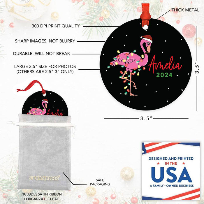 Set of 1 Custom Pink Flamingo Metal Ornament for Christmas Tree-Set of 1-Andaz Press-Baby Flamingo with Santa Hat-