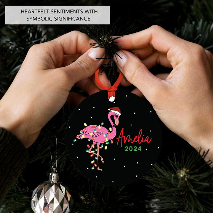 Set of 1 Custom Pink Flamingo Metal Ornament for Christmas Tree-Set of 1-Andaz Press-Baby Flamingo with Santa Hat-