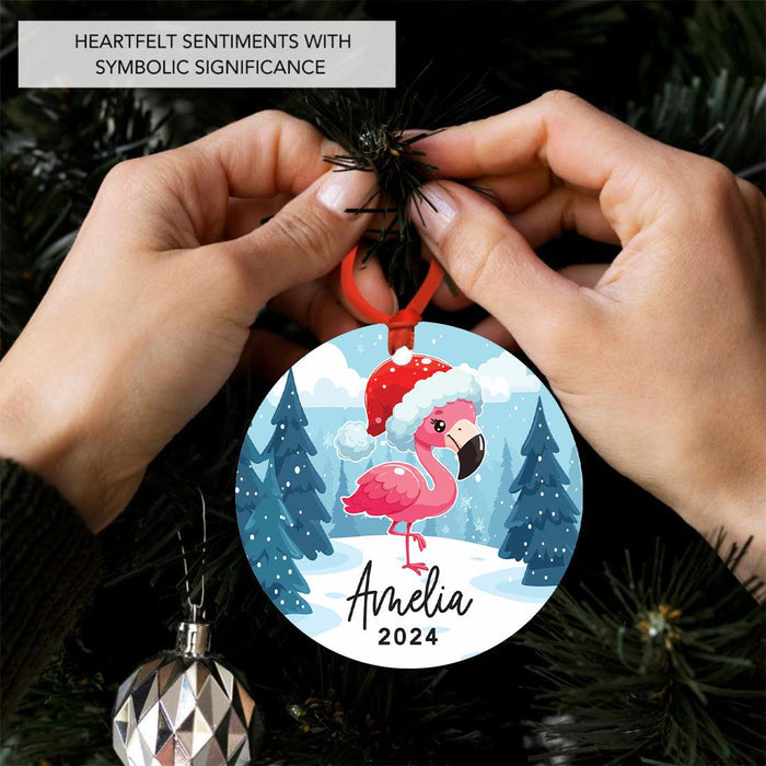 Set of 1 Custom Pink Flamingo Metal Ornament for Christmas Tree-Set of 1-Andaz Press-Baby Flamingo with Santa Hat-