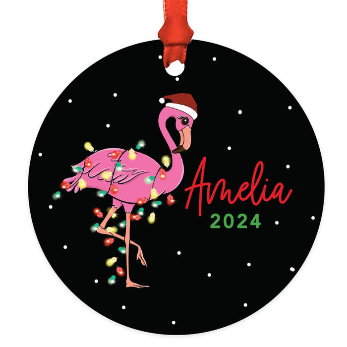 Set of 1 Custom Pink Flamingo Metal Ornament for Christmas Tree-Set of 1-Andaz Press-Flamingo with Christmas Lights-