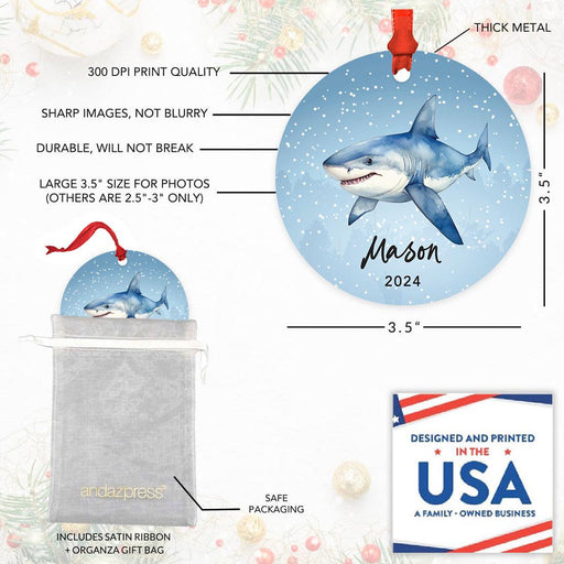 Set of 1 Custom Shark Metal Ornament 20XX, Christmas Ornament for Kids & Marine Life Lovers-Set of 1-Andaz Press-Blue Shark-