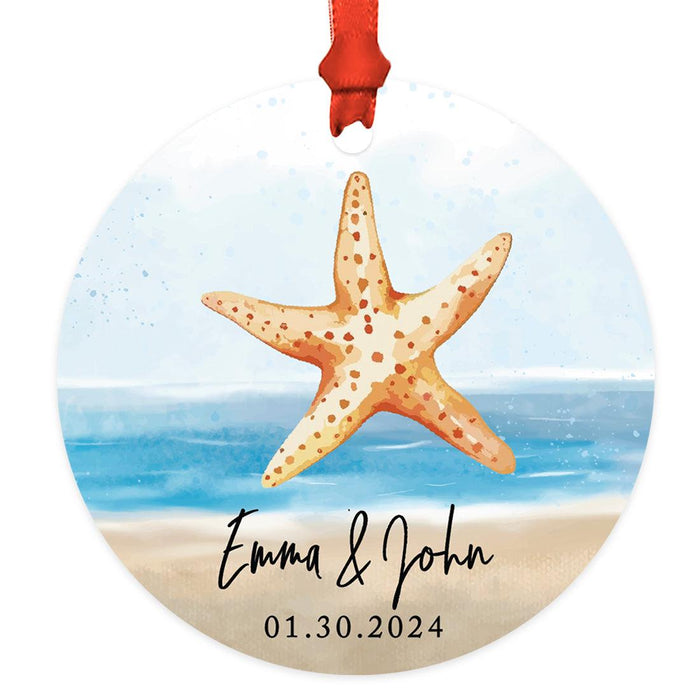 Set of 1 Custom Starfish Metal Ornament for Christmas Tree Includes Ribbon & Gift Bag-Set of 1-Andaz Press-Orange Starfish-