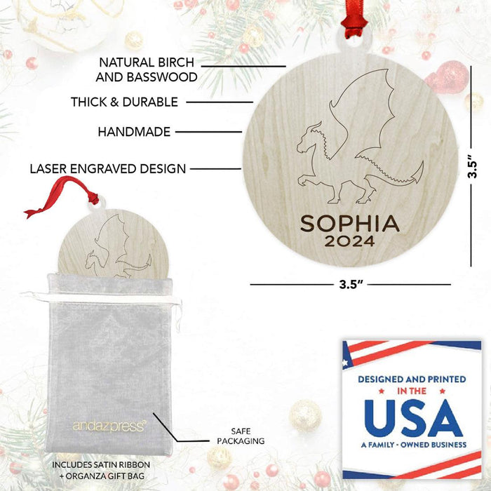 Set of 1 Laser Engraved Custom Christmas Dragon Ornament 20XX for Tree Unique Holiday Decor-Set of 1-Andaz Press-Round Laser Engraved Dragon-