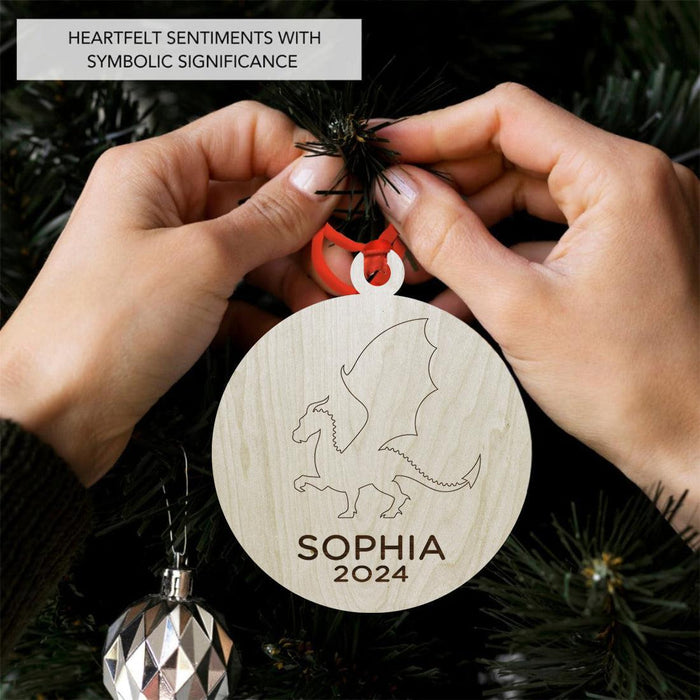 Set of 1 Laser Engraved Custom Christmas Dragon Ornament 20XX for Tree Unique Holiday Decor-Set of 1-Andaz Press-Round Laser Engraved Dragon-