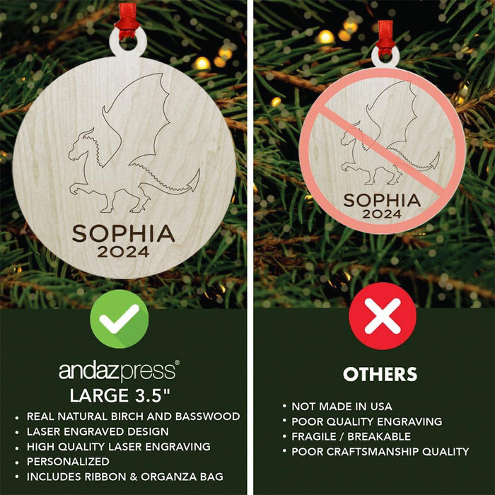 Set of 1 Laser Engraved Custom Christmas Dragon Ornament 20XX for Tree Unique Holiday Decor-Set of 1-Andaz Press-Round Laser Engraved Dragon-